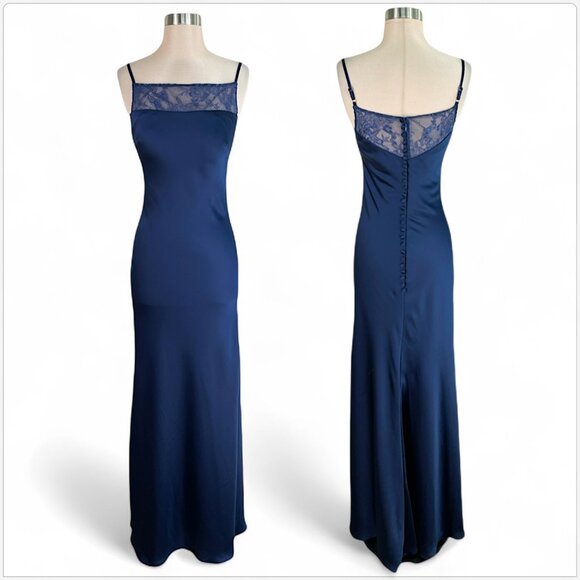 Morilee Mori Lee Navy Blue Satin Lace Button Back Bias Cut Gown Dress NWT New 4 - Picture 1 of 6